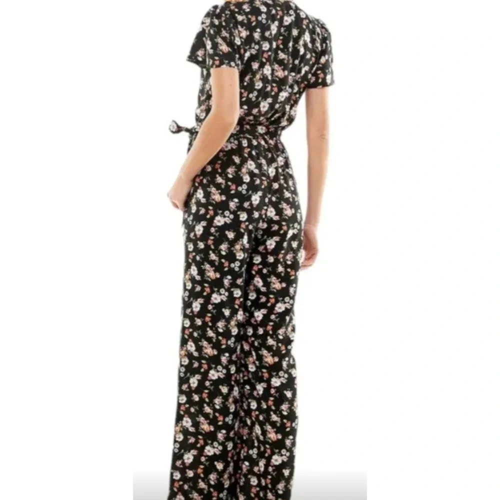 Kingston Grey Floral‎ Jumpsuit Womens Large Black Ruffle Wrap Wide Leg